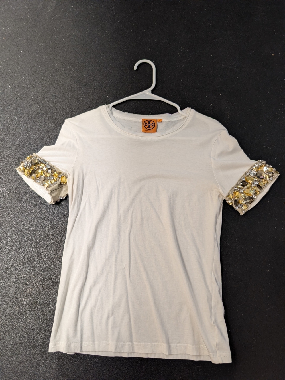 Tory Burch White Tee with Gold and Silver Sparkle Beaded Sleeves Size S